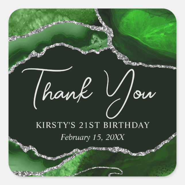 Green und Silver Imitats Glitzer Agate Birthday Pa Quadratischer Aufkleber (Vorderseite)