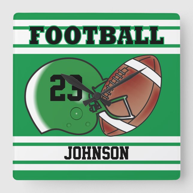 Green und White Football Sport | Personalisieren Quadratische Wanduhr (Vorderseite)