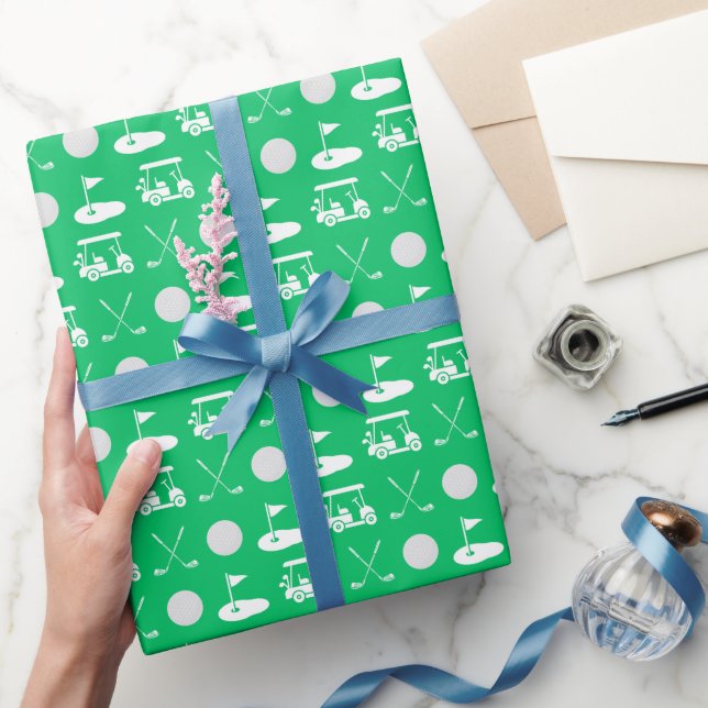 Green und White Golf Balls, Carles & Clubs Geschenkpapier (Schenken)