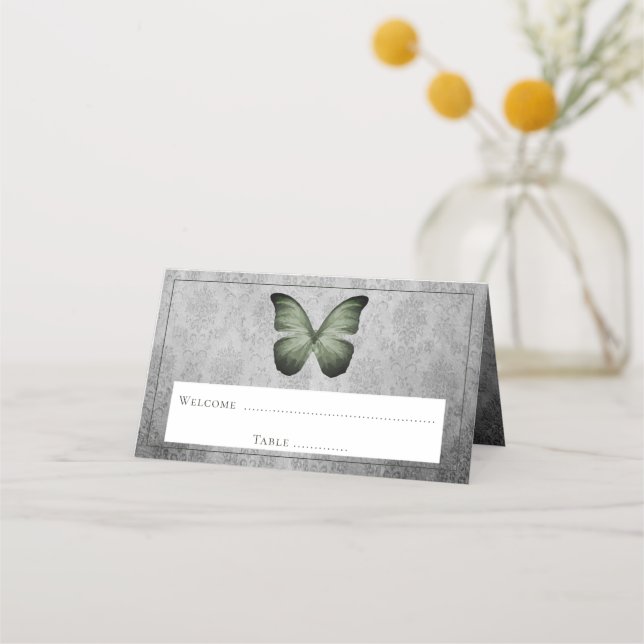 Green Vintag Butterfly Damask Empfang Platzkarte (Vorderseite)