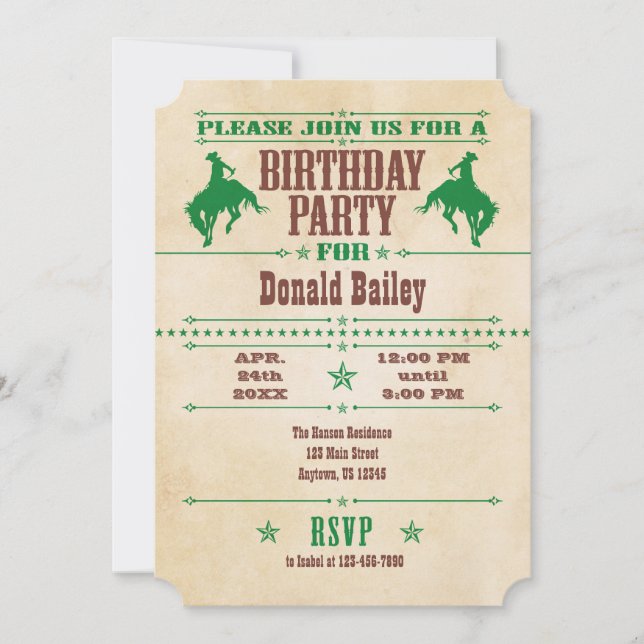 Green Vintage Cowboy Invitation d'anniversaire (Devant)
