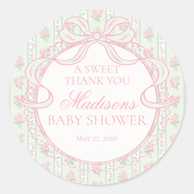 Green Vintage Fancy Floral Baby Shower Circle Runder Aufkleber (Vorderseite)