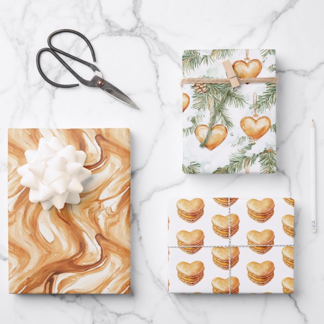 Green Warm Creamy Caramel Hearts Christmas Tree  Geschenkpapier Set (Vorderseite)
