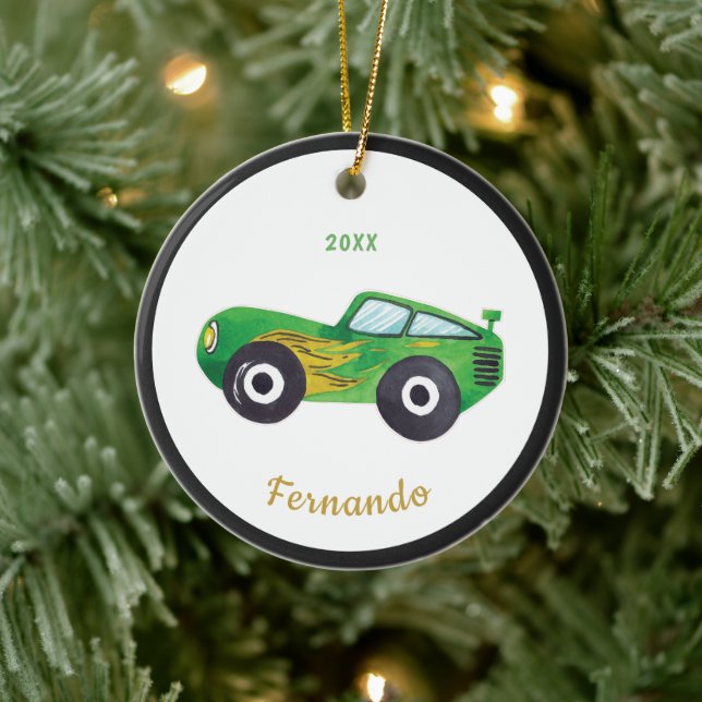 Green Water Racing Car Name Dated Childish Keramik Ornament (Baum)