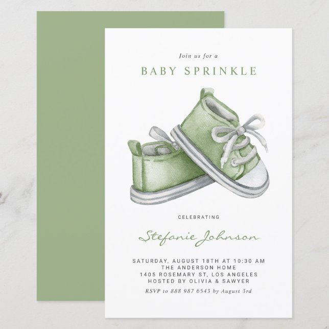 Green Watercolor Baby Shoes Baby Sprinkle Einladun (Vorne/Hinten)