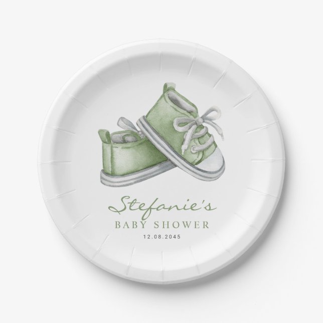 Green Watercolor Babyschuhe Kinderdusche Pappteller (Vorderseite)