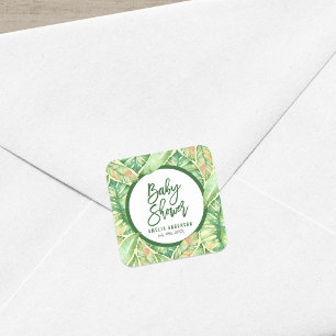 Green Watercolor Blätter Tropical Baby Shower Quadratischer Aufkleber