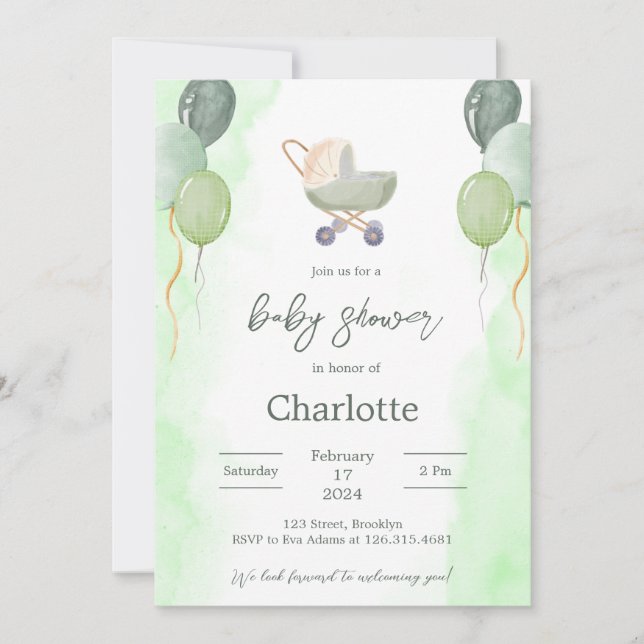 Green Watercolor Cute Baby shower Invitation (Devant)
