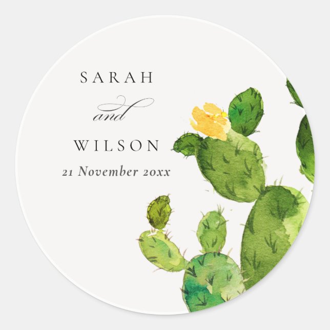 GREEN WATERCOLOR DESERT CACTUS BLUME MONOGRAMM RUNDER AUFKLEBER (Vorderseite)