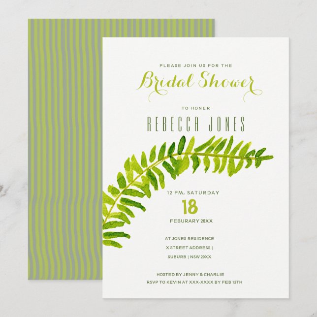 GREEN WATERCOLOR FERN FOLIAGE Brautparty Einladung (Vorne/Hinten)