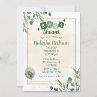 Green Watercolor Floral Leaves Baby Shower Einladung