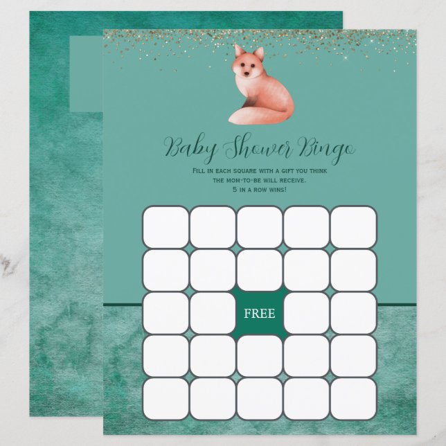 Green Watercolor Fox Baby Dusche Bingo Spiel (Vorne/Hinten)