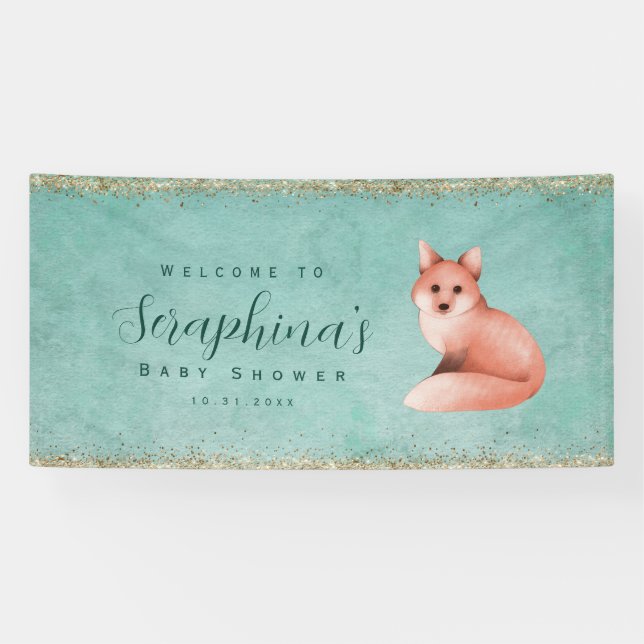 Green Watercolor Fox Gold Glitzern Kinderdusche Ve Banner (Horizontal)
