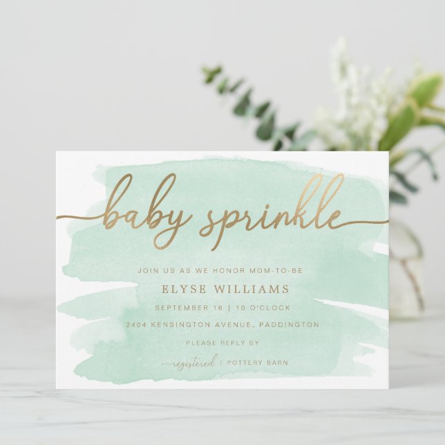 Green Watercolor Gold Baby Sprinkle Einladung (Stehend Vorderseite)