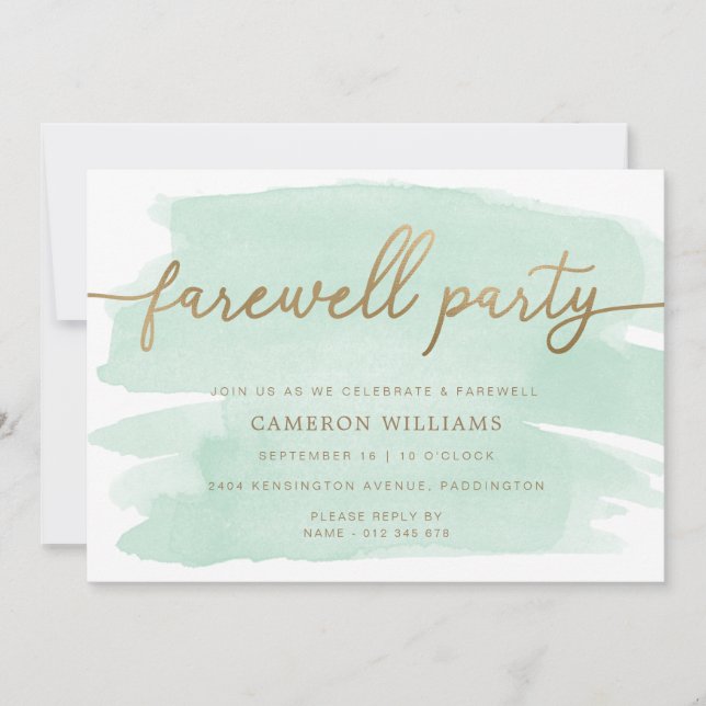 Green Watercolor Gold Farewell Party Einladung (Vorderseite)