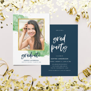 Green Watercolor Gold Foto Graduate Grad Party Einladung