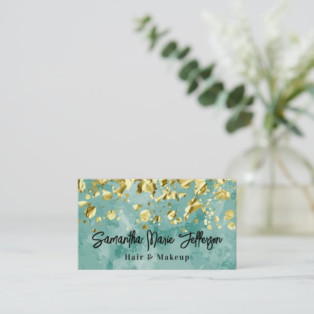 Green Watercolor Gold tropft Haar Nail Makeup Salo Visitenkarte (Stehend Vorderseite)