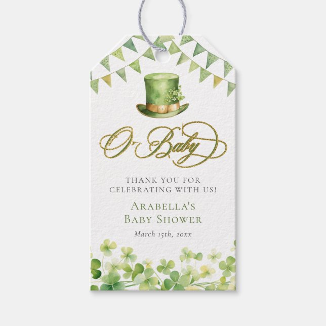 Green Watercolor Kleeblatt Babydusche Geschenkanhänger (Vorderseite)