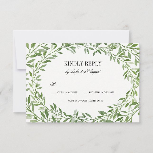Green Watercolor Laurel Leaf Wreath Wedding RSVP Karte (Vorderseite)