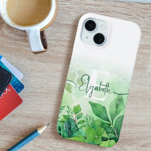 Green Watercolor Leaf Elegantes Skript Mit Monogra Case-Mate iPhone Hülle