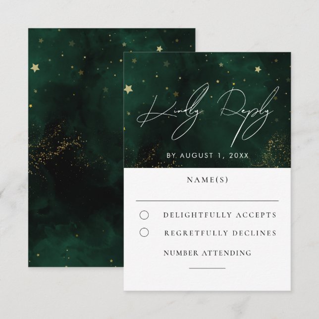 Green Watercolor Magical Gold Wedding RSVP (Vorne/Hinten)