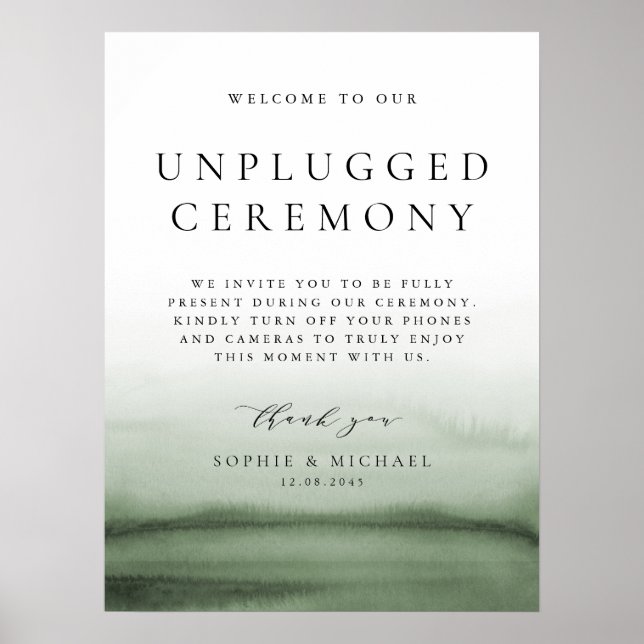 Green Watercolor Ombre Unplugged Wedding Zeremonie Poster (Vorne)