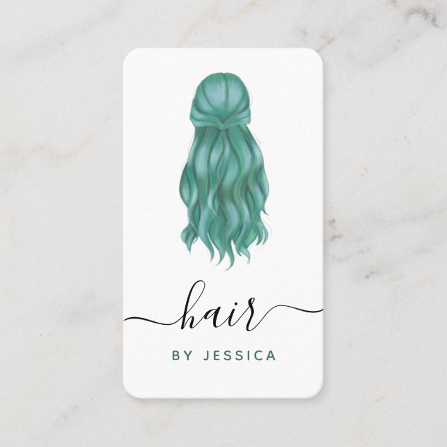 Green Wavy Hair Fairstylist Logokombination Social Visitenkarte (Vorderseite)