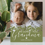 Green We Liebe You Oma Foto Fotoplatte<br><div class="desc">Personalisierte Großmutterplakette mit einem wertvollen Foto, einem botanisch grünen Herzrandbild, dem Sprichwort "Wir Liebe du Oma" und den Kindernamen.</div>