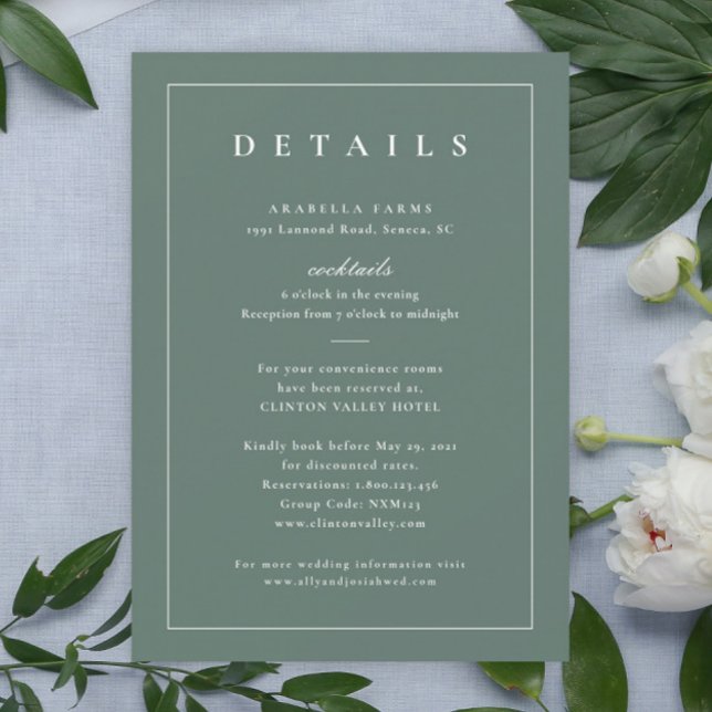 Green Wedding Details Karte (Simple typography sage green wedding invitation details enclosure card.)