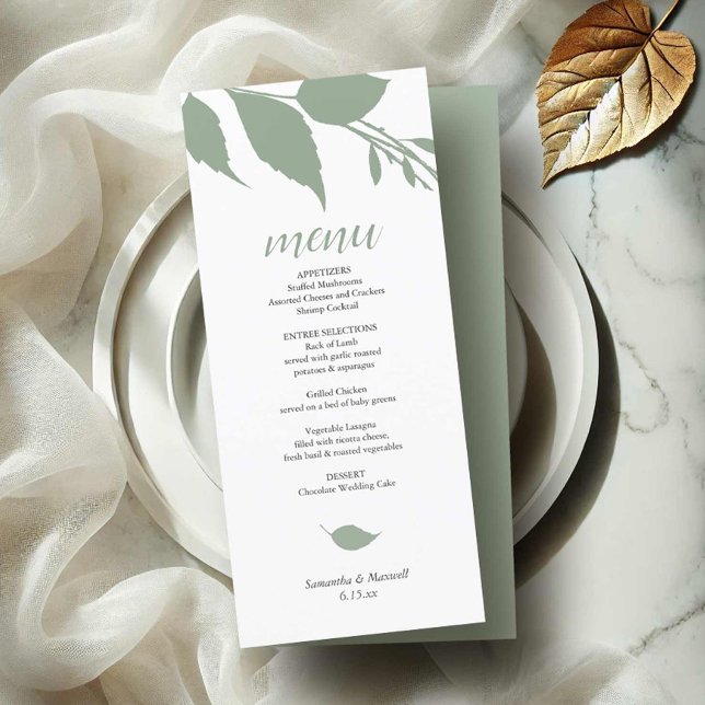 Green Wedding Foliage Menu Card Menükarte (Wedding menu card tea length minimalist sage green leaves by Victoria Grigaliunas Do Tell A Belle)