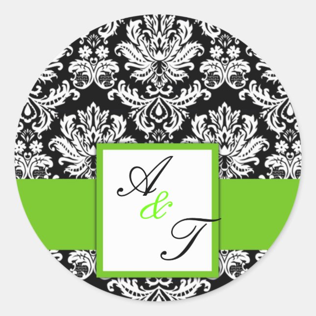 Green Wedding Monogram Damask Siegel Runder Aufkleber (Vorderseite)