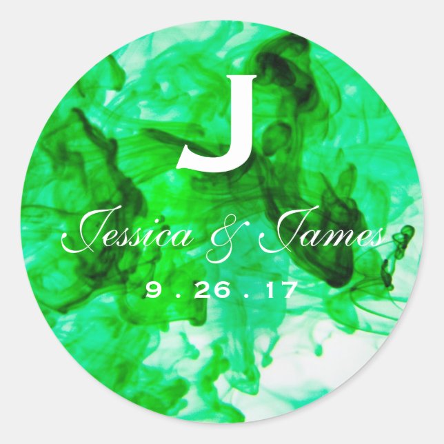 Green Wedding Monogram Runder Aufkleber (Vorderseite)