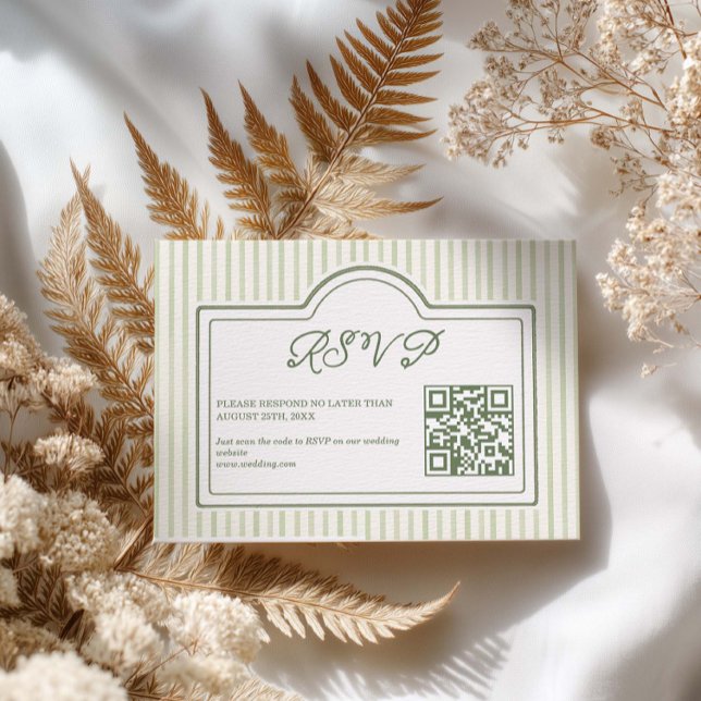 Green Wedding Striped QR code RSVP Card Karte (Von Creator hochgeladen)