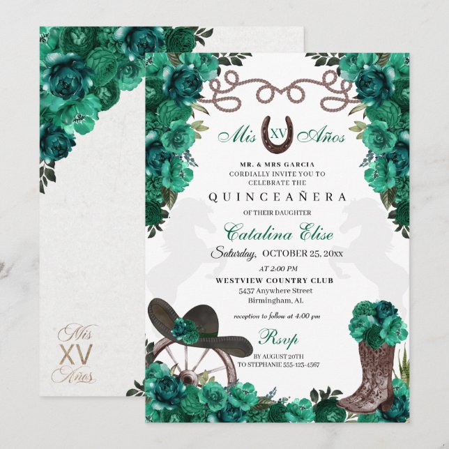 Green Western Charro Ranchero Quinceanera Einladung (Vorne/Hinten)