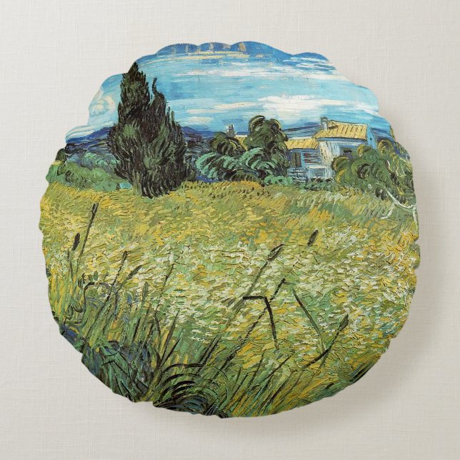 Green Wheat Field Vincent van Gogh Rundes Kissen (Vorderseite)