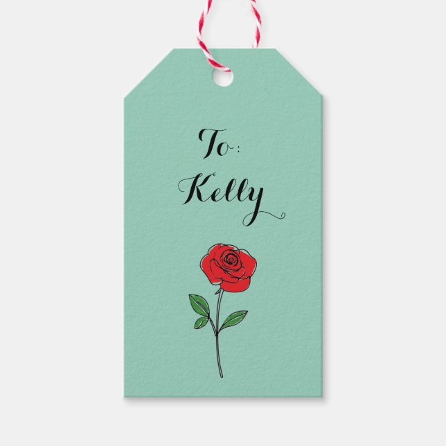 Green Whimsical Sketched Red Rose Geschenkanhänger (Vorderseite)