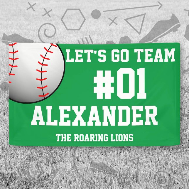 Green White Baseball Team Spirit Banner (Green and White Baseball Let's Go Team Banner. Celebrate your high school or college athlete.)