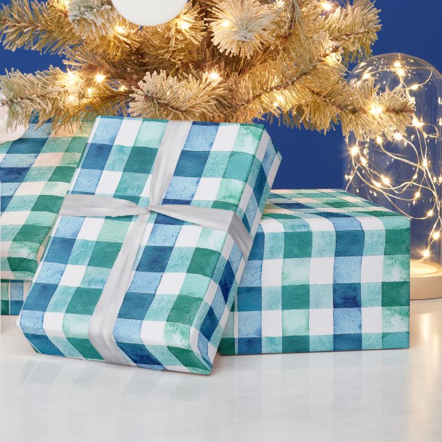 Green White Blue Kariert Stripes Weihnachten Geschenkpapier (Feiertage)