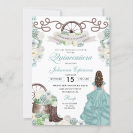 Green White Cacti Western Boots Charra Quinceañera Einladung