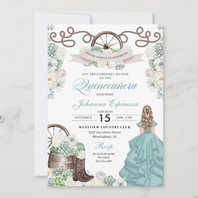Green White Cacti Western Boots Charra Quinceañera Einladung (Vorderseite)