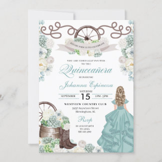 Green White Cacti Western Boots Charra Quinceañera Einladung