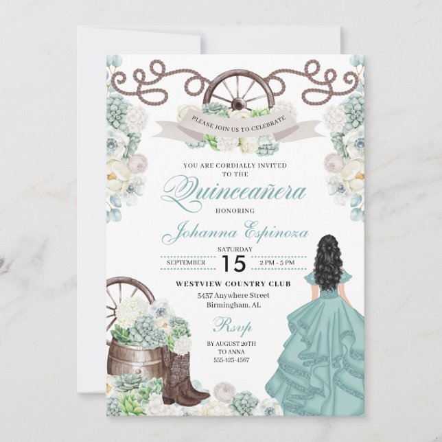 Green White Cacti Western Boots Charra Quinceañera Einladung (Vorderseite)