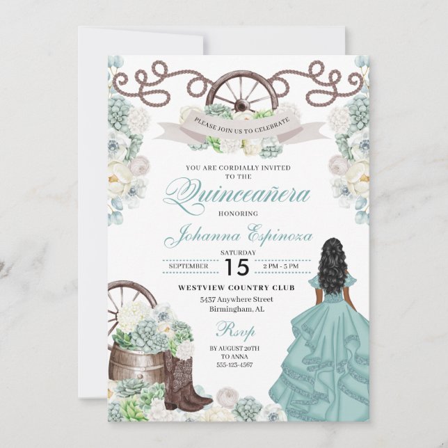 Green White Cacti Western Boots Charra Quinceañera Einladung (Vorderseite)