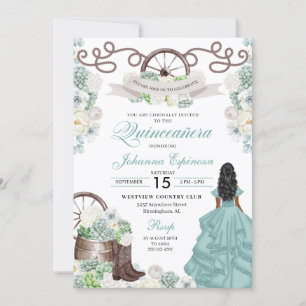 Green White Cacti Western Boots Charra Quinceañera Einladung