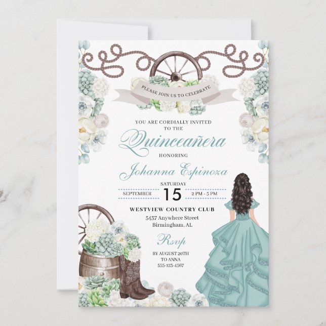 Green White Cacti Western Boots Charra Quinceañera Einladung (Vorderseite)