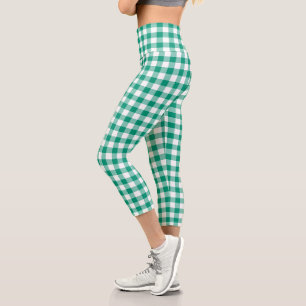 Green White Checkered Gingham Kariertes Muster Capri Leggings