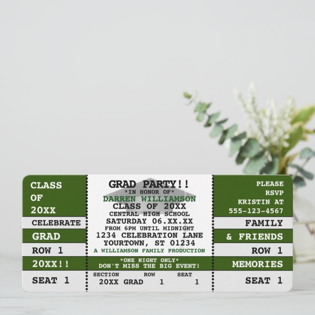 Green|White Concert Ticket Grad Party Einladung (Stehend Vorderseite)