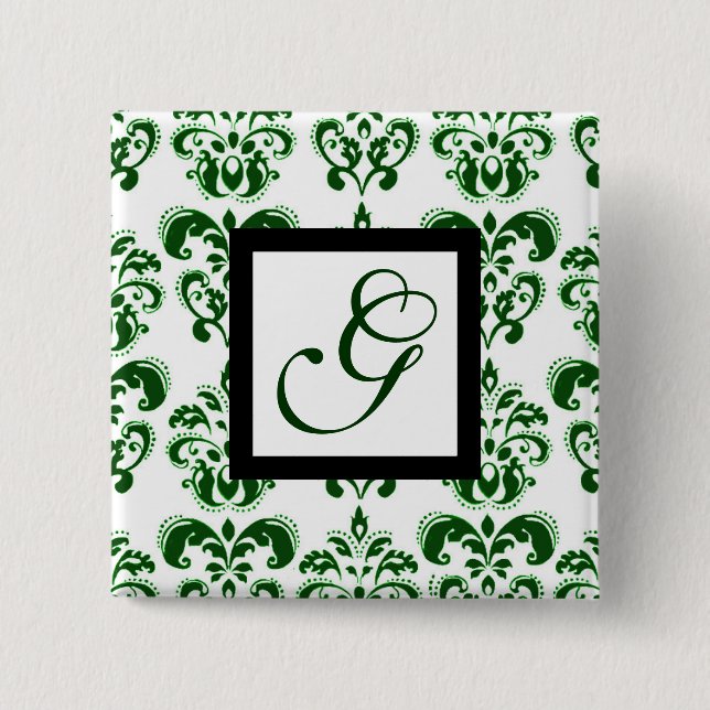 GREEN WHITE DAMASK BLACK SQUARE MONOGRAMM BUTTON (Vorderseite)