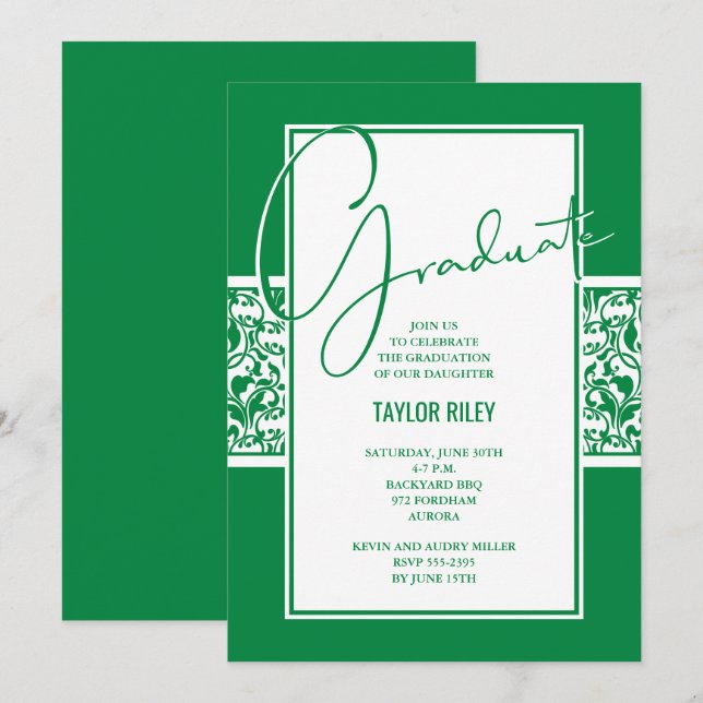 Green White Damask Graduation Party Einladung (Vorne/Hinten)