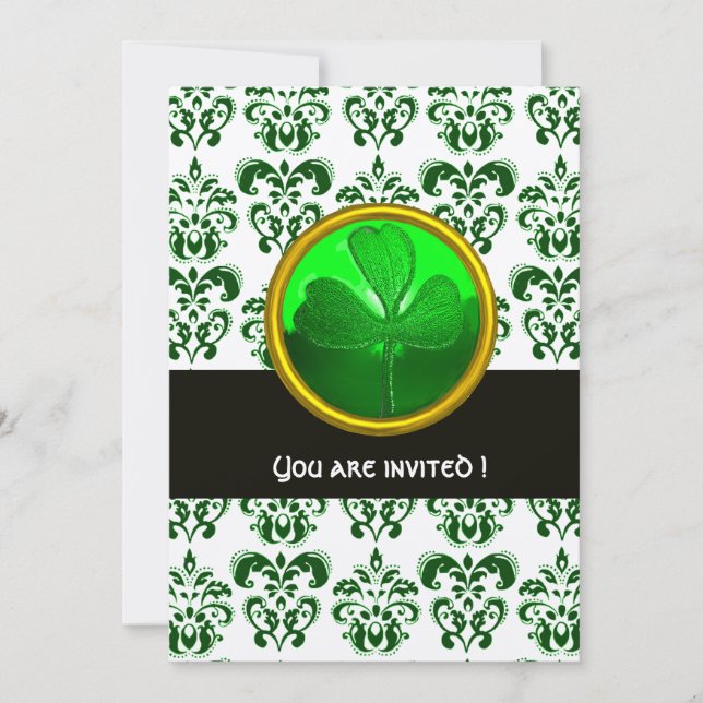 GREEN WHITE DAMASK MIT KLEEBLATT Black Champagne Einladung (Vorderseite)